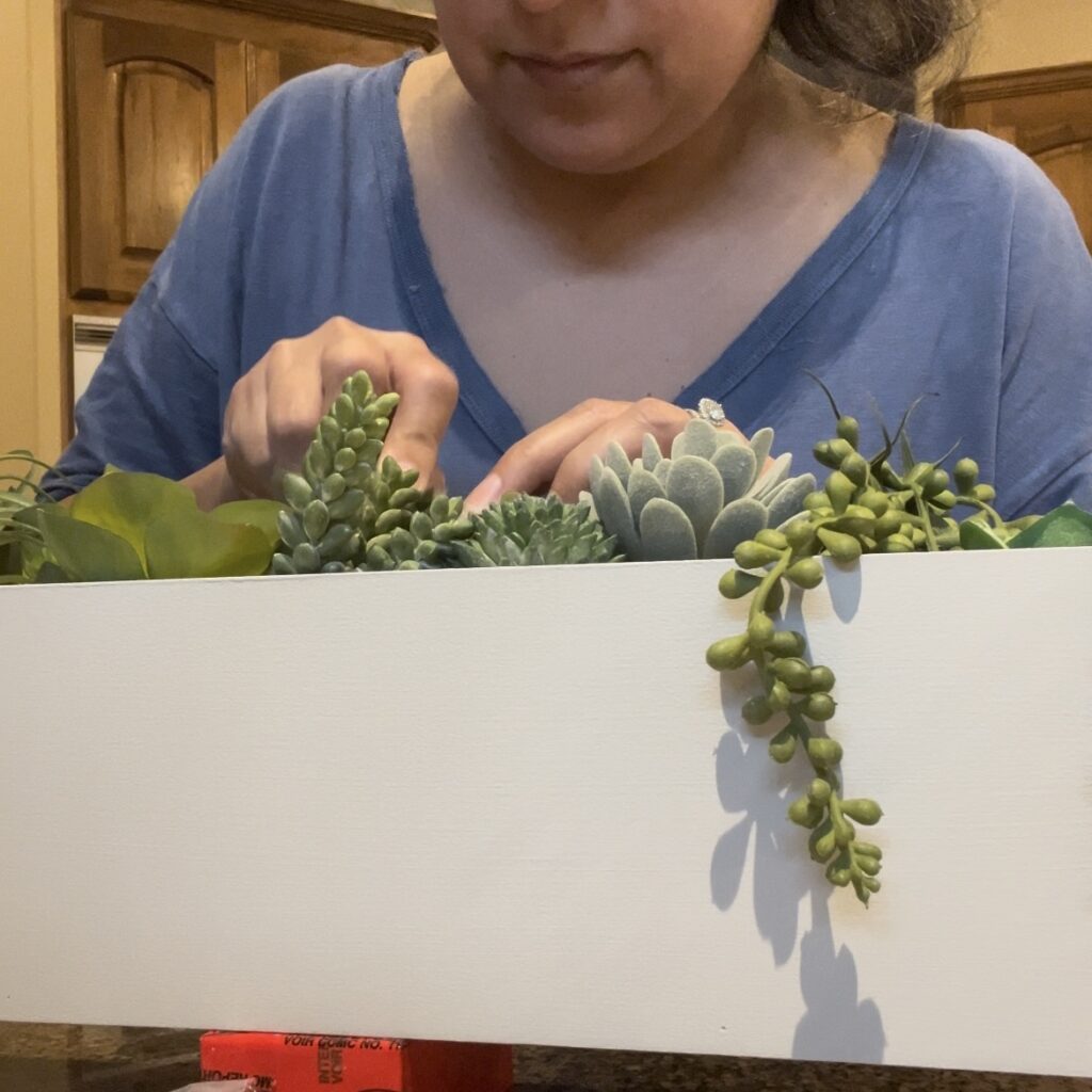 arranging faux succulent planter