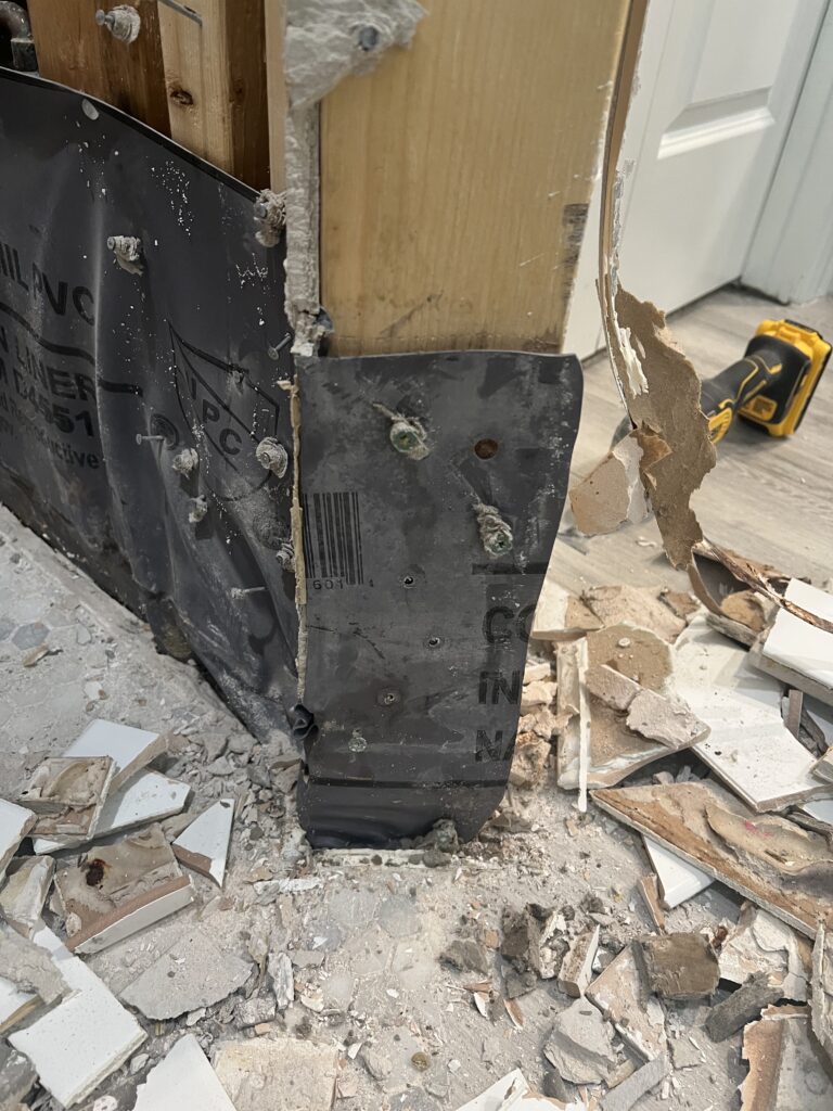 shower demo, shower leak detection, failed shower liner