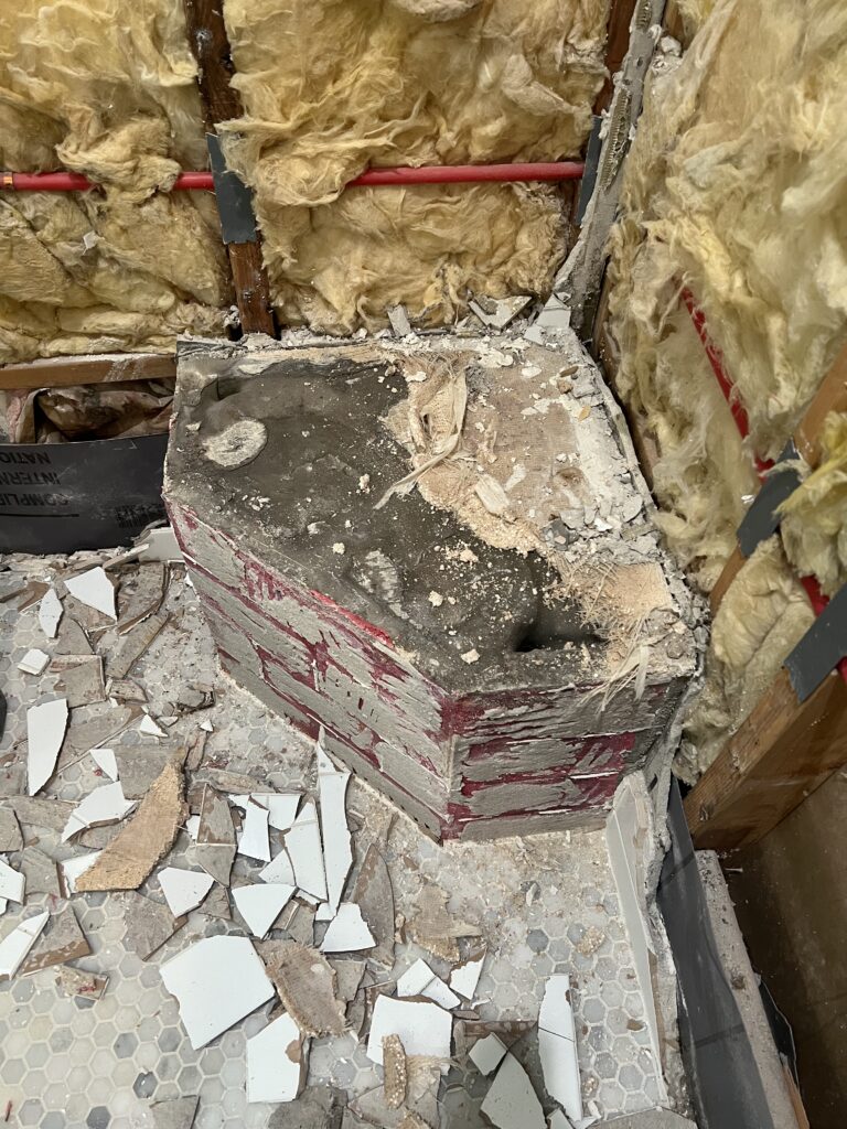 Shower demo, demo'd shower seat, shower leak, failed shower liner